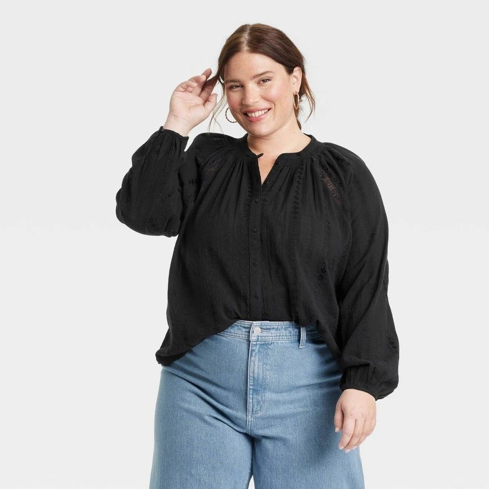 Women's Balloon Long Sleeve Lace Blouse - Universal Thread Black XXL